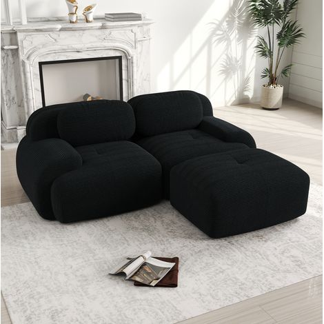 Sofá de esquina modular de pana, sin montaje, con reposabrazos curvos, negro DESVIAE (1/5)