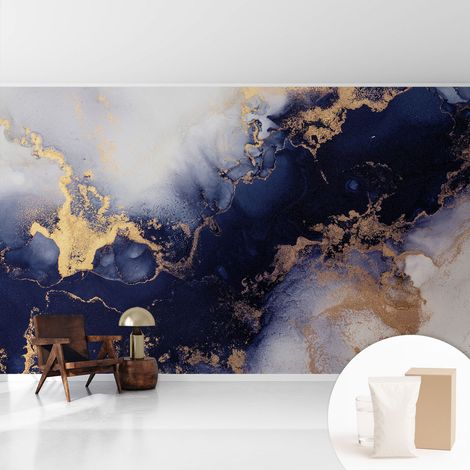 Papier peint intissé décoratif avec motifs pour salon et chambre a motif - Colle incluse gratuite Vagues bleu marine 416x254 cm (1/5)