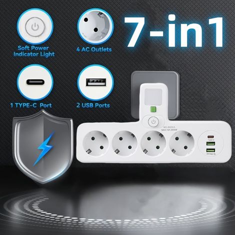 EU-Stecker, 4 Steckdosen, 2 USB-Anschlüsse (Typ C) und Nachtlicht, 110–240 V, geeignet für Zuhause, Büro, Reisen, Schlafzimmer, Küche und Wohnzimmer (Hvid-25UL). (1/5)
