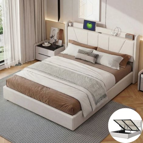Lit Coffre 160 x 200 CM avec Sommier - Lit Double Rangement avec USB - Lit Hydraulique 160x200 avec Rangement sous le lit -Lin Beige (1/5)