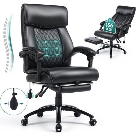 Smartue Sedia da Ufficio Ergonomica con Poggiapiedi, Supporto Lombare ad Cuscino d’Aria, Braccioli Ripiegabili, Funzione Dondolo 117°, Sedia Direzionale in Pelle Regolabile in Altezza, Imbottitura Ext