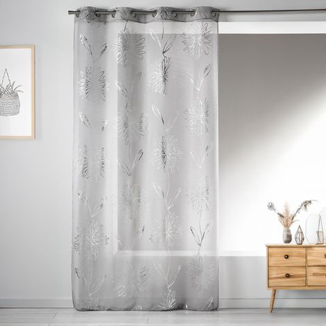 Voilage en Etamine Légère à Impressions Métallisées "Fleur" Gris clair 135x240 cm