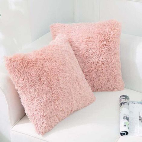 Housse de Coussin Décorative en Fausse Fourrure Polaire Douce 45x45 cm Rose Lot de 2