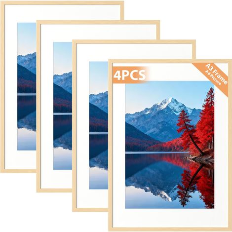 4 Pcs A3 Cadre, Cadre Photo A3 pour Photos 20.5 x 28.7 cm avec Passe-Partout ou 28.7 x 41 cm sans Passe-Partout, Cadre Photo Horizontal et Vertical pour Mur ou Table, Ton Bois (1/5)