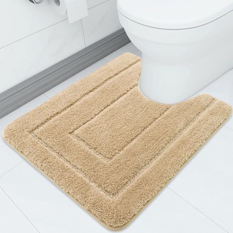 Tapis de salle de bain en microfibre avec découpe - Doux et antidérapant - Tapis de toilette absorbant - Pour WC debout - Tapis de bain lavable - Beige - 50 x 60 cm (1/5)
