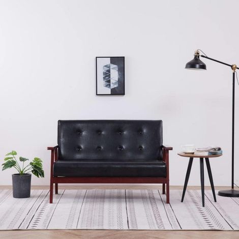 2-Sitzer Sofa Schwarz Kunstleder mit Armlehnen und Holzbeinen (1/5)
