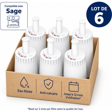 Filtre à Café Compatible Sage – Réduit les dépôts de calcaire et prolonge la durée de vie de la machine – Charbon actif & résine échangeuse d’ions – Lot de 6
