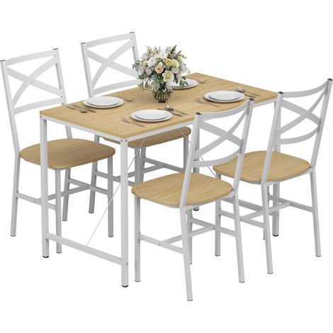 Ensemble Table Salle à Manger avec 4 Chaises, Table de Cuisine avec Chaises pour 4 Personnes, Bois Naturel et Blanc (1/4)