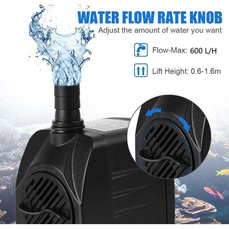 Pompe Eau Submersible, 10W 600L/H Pompe Aquarium Ajustable Ultra-Silencieux avec 4 Pieds de Ventouses pour Étang Poisson Fontaine Réservoir de Poissons 2 Buses