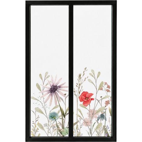 Verrière atelier intérieure aluminium noir 2 vitrages 69 x 117 cm - Décor végétal - Herbier - rouge et vert et transparent - Verre trempé (1/5)