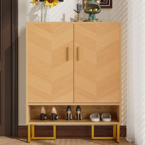 Meuble à chaussures entrée 2 portes, étagère ouverte, 80x38x100 cm, MDF naturel (1/5)