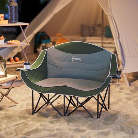Chaise de camping pliante 2 places avec porte-gobelet et sac de transport, charge maximale 250 kg, verte