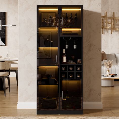 Vitrine de Salon Noire 60x36x160 cm avec LED App, Portes en Verre et Porte-Bouteilles, Buffet de Rangement Moderne