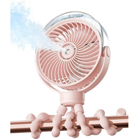 Ventilateur portable - Ventilateur Poussette avec Brumisation - 4 Vitesses - 4000mAh - 360° - Silencieux - Rose - Bébé/Voyage/Plage (1/5)