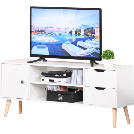 Meuble TV 120 cm 2 portes 2 tiroirs 2 étagères ouvertes blanc 120x28x44 cm