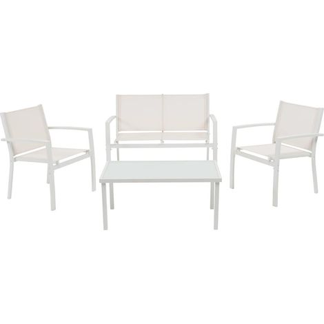 TRADE SHOP - Set Salotto Da Giardino 4pz In Metallo Tavolino Con Piano Vetro Temperato 2 Sedie Panchina - Bianco (1/5)