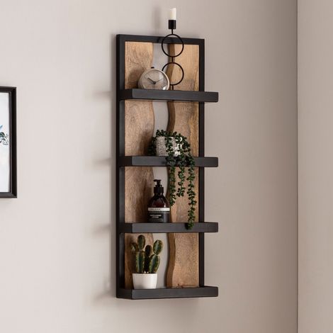 M&S – Étagère murale en manguier massif vernis et fer noir – Dimensions 30x10x80 cm – Charge maximale 3 kg – Livrée montée