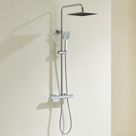 Auralum Max Columna Ducha con Grifo Termostático Antiquemaduras, Conjunto Columna Cromo con Rociador 25x25cm, Barra de Ducha y Flexo de Ducha 150cm Acero Inoxidable, Compatible con Agujeros Existentes (1/5)