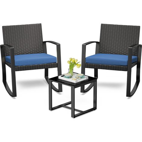 Bealife Conjunto de Muebles de Jardín para 2 Personas Acero Sillón Cojines Mesa Vidrio Templado Ideal Juegos Barras Bistro Comedor Conversación Terraza Balcón Zonas Exteriores Azul (1/5)