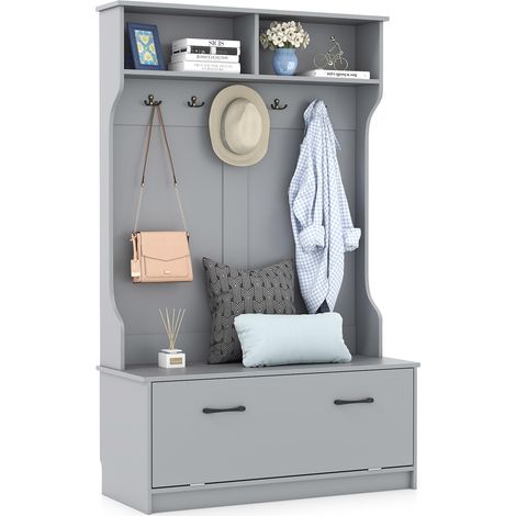 COSTWAY Armadio con Appendiabiti Multifunzionale, con Panca 5 Ganci Doppi, Organizzatore di Casa Indipendente per Ingresso Camera da Letto, 100x39x160 cm (Grigio) (1/5)