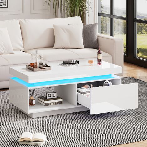 Table basse 100x50x40.3cm design moderne avec tiroir intégré et LED laqué brillant panneau de particules blanc (1/5)