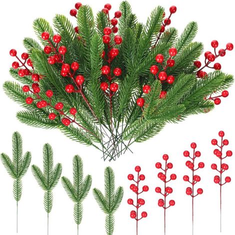 Lot de 50 branches de pin artificielles et tiges de baies rouges artificielles, fausses branches de verdure, baies rouges de Noël (1/4)