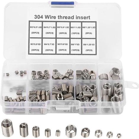 Lot de 150 inserts de réparation filetée, M3 à M8, acier inoxydable, kit de taraudage Hélicoil, manchon fileté assorti (1/5)