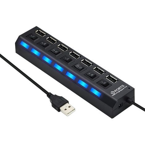 7-Port-USB-Hub, Multiport-USB-Splitter, mehrere USB-Anschlüsse für PC mit individuellen Ein-/Ausschaltern und LED-Anzeigen, für PS4/PS5, Gaming-PC, Laptop, USB-Stick (1/4)
