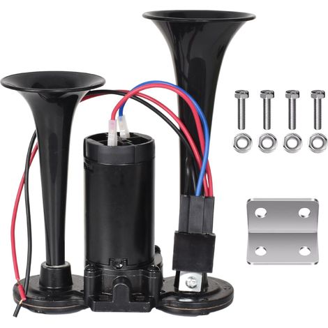 Klaxon à Air 12V, Son Super Puissant de 150DB à Double Trompette Klaxon de Voiture Universel avec Compresseur pour Véhicules, Camions, Motos, Bateaux, Trains, Camionnettes et Plus (Noir) (1/5)