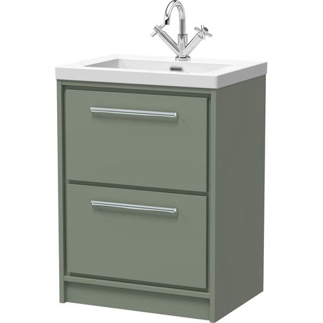 Balterley Longnor Modern Bathroom Floor Standing 2 Soft-Close Drawer Vanity Fireclay Basin, Fern Green, 600mm