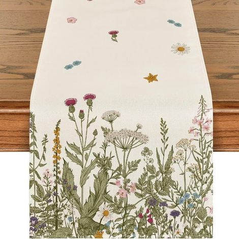 Camino de mesa, Camino de mesa de Pascua, Lino, comedor y fiestas, 33 x 183 cm, Margaritas amarillas, flores y hojas de lavanda (1/5)