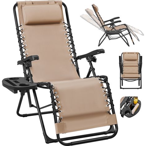 Yaheetech Fauteuil de Jardin Zéro Gravité Extérieur Chaise Longue Pliable pour Terrasse avec Porte-gobelet Oreiller 64 cm Large Beige (1/5)