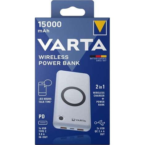 Varta 57908 Power bank 15000 mAh Ricarica rapida 3.0, Consegna di potenza, Ricarica senza fili Qi LiPo Bianco Indicazio