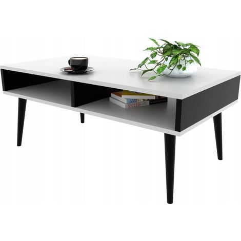 Table basse scandinave blanche et noire avec banc et étagère (1/5)