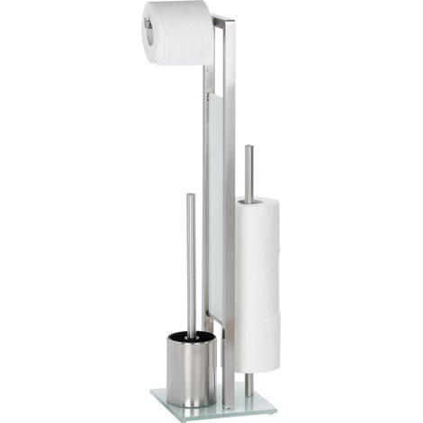Wenko – Serviteur WC 3 en 1 – Porte-papier, brosse WC, rangement – Acier inox mat et verre trempé noir – Dimensions 18x70x23 cm (1/7)