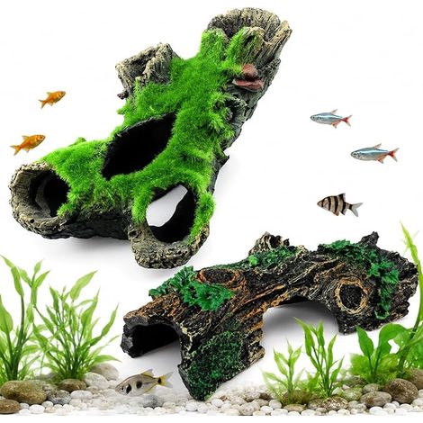 Aquarium Tronc d'arbre Décoration Mousse Simulée Aquarium Harz Höhle Simulation Grün Gras Fisch und Garnelen Versteck für Kleine Bis Mittelgroße Wassertiere (1/5)