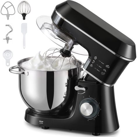 Robot pâtissier - HOMCOM - 1400 W 7 L - 6+P vitesses, crochet pétrisseur, fouet, batteur - aluminium et acier - 37x31x34cm - noir (1/5)