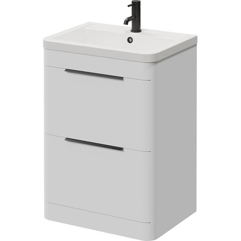 Oslo Gloss White 600mm 2 Drawer Vanity Unit with Anya Basin - 600mm - Matt Black 300mm Finger Pull