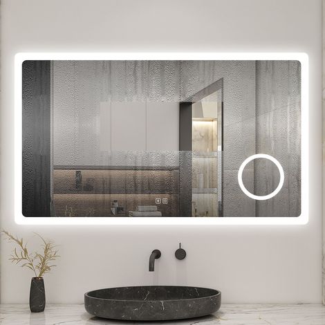 Aica 120x70cm Tricolor anti-buée LED miroir de salle de bain avec bluetooth et miroir grossissant 3x,mémoire et lumière gradation