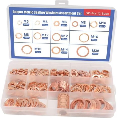 300 Pièces Joint en Cuivre Bague, Rondelles Cuivre, Joint Torique pour Bouchon à Vis, Joint de Bouchon de Vidange D'huile M5, M6, M8, M10, M12, M14, M16, M20 Flat Assortiment Kit (1/5)