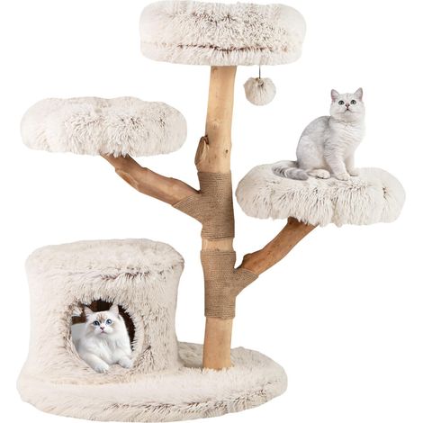 Albero per gatti XXL 102 cm, Albero per gatti in legno massello, Tiragraffi in iuta, 3 piattaforme, Condo, Torre per gattini a 5 livelli, Nappa sospesa (1/5)