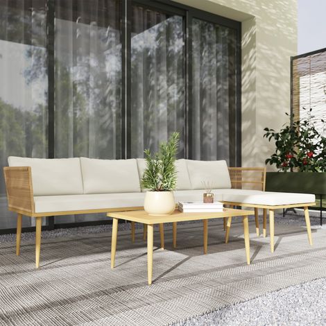 Modulares 5-Sitzer-Gartenmöbelset aus Kunstharz, bestehend aus 2 Sofas, Hocker und Couchtisch, inklusive Kissen, cremefarben