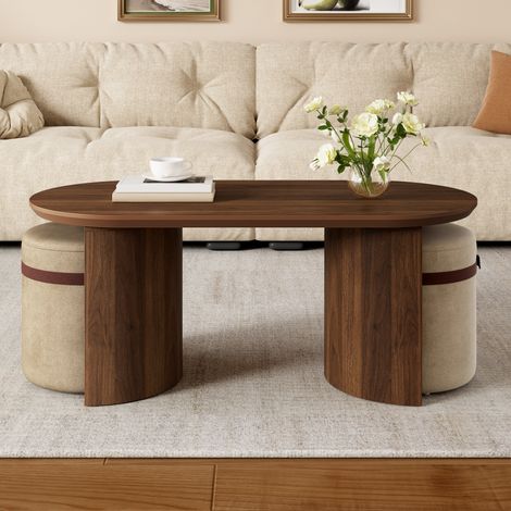 Table basse ovale avec 2 tabourets rembourrés, MDF et pin, noyer, 108 x 50 x 44 cm DESVIAE (1/5)
