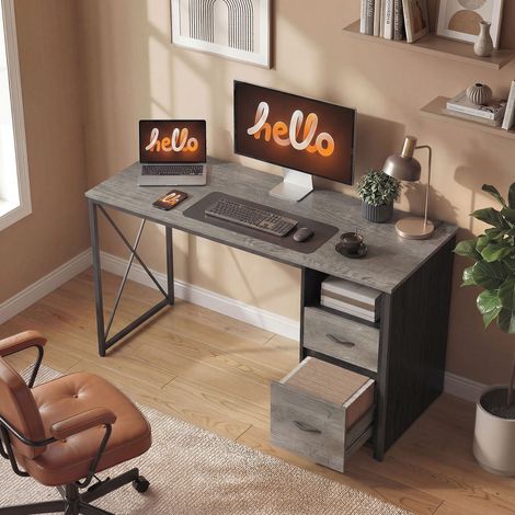 Gris 120x50 cm - Table d’ordinateur de Bureau informatique industriel doté de compartiment et 2 tiroirs pour le clair de bureau
