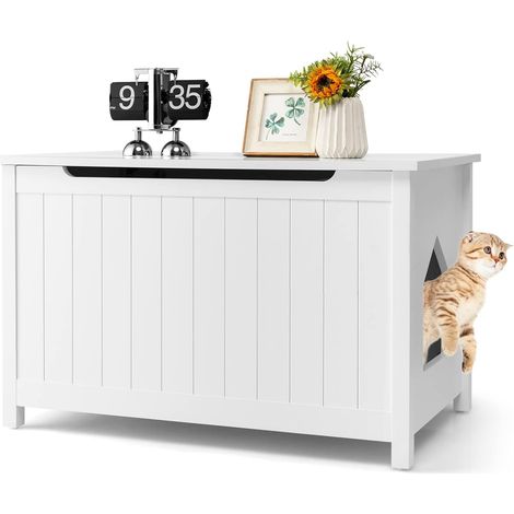 COSTWAY Casa para Gatos con Apertura Superior, Tabique Extraíble, Barra de Gas, Ganchos Metálicos, Pata de Madera de Pino, Armario para Gatos con Carga 50 KG, 80,5 x 51 x 51 cm