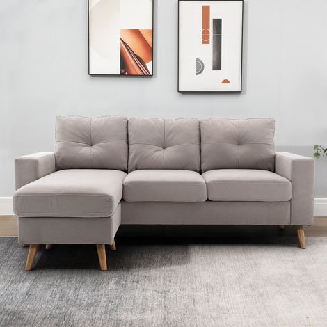 Divano angolare a 3 posti, effetto lino, chaise longue reversibile, 193x136x85 cm, grigio chiaro (1/5)