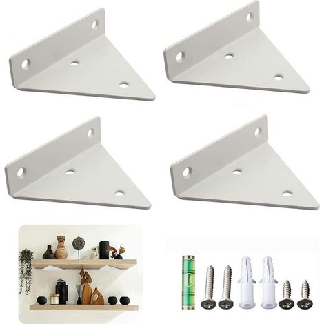 Set di 4 staffe per mensole, supporti metallici a parete, staffe per mensole flottanti, supporti triangolari invisibili con viti, per soggiorno, camera da letto, bagno (bianchi)