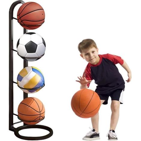 Porte Ballon Basket 4 Balles Organiseur de Basket-Ball, Support de Rangement Multi-couches pour Ballons, Noir (1/5)