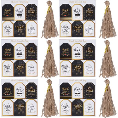 Étiquettes Cadeau 144pcs - Cartes Remerciement Motifs - Étiquettes Durable pour Emballage Cadeaux avec Corde Chanvre (1/5)