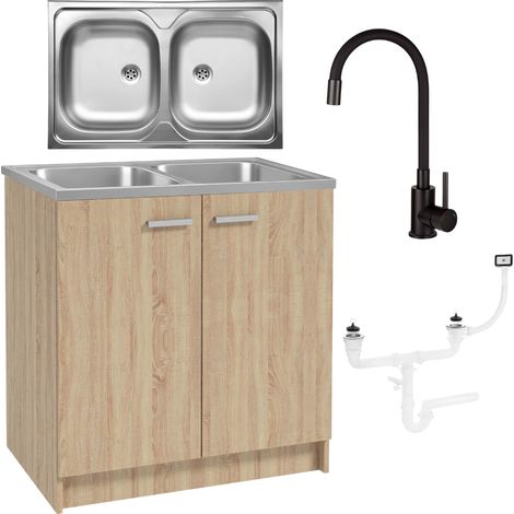 Meuble de cuisine + Évier 2 bacs + Noir - Design moderne - Pratique et fonctionnel – 80 cm (1/5)